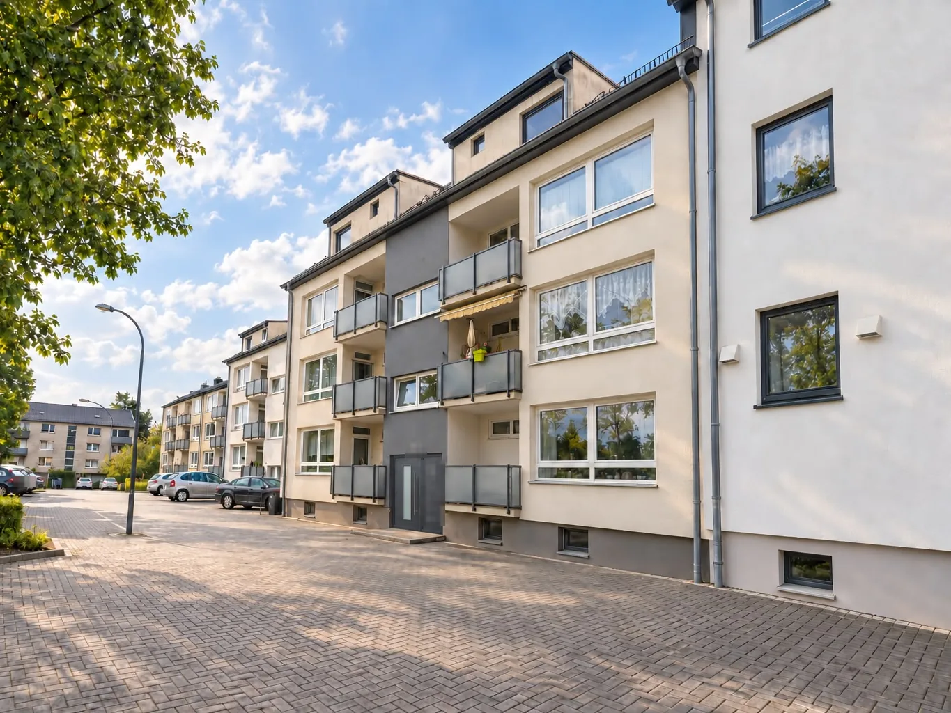 Quartier Hastenrath in Eschweiler nach der Sanierung: helle Fassaden mit Balkonen und neuer Stellplatzhof